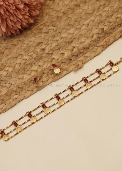 Antique Three-Row Linear Ruby Kasu Choker Set (with Earrings)-Tanvi- Ruby