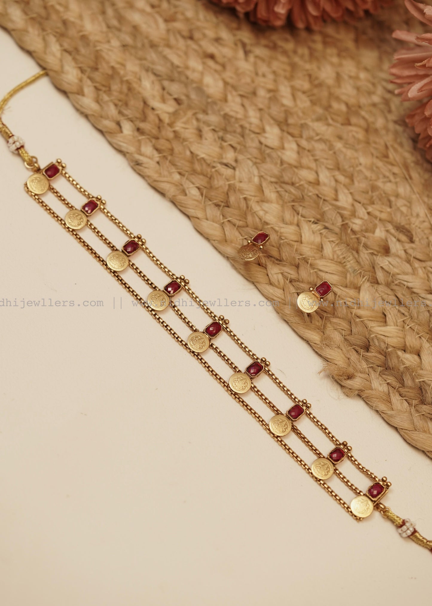 Antique Three-Row Linear Ruby Kasu Choker Set (with Earrings)-Tanvi- Ruby