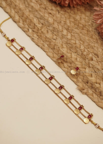 Antique Three-Row Linear Ruby Kasu Choker Set (with Earrings)-Tanvi- Ruby