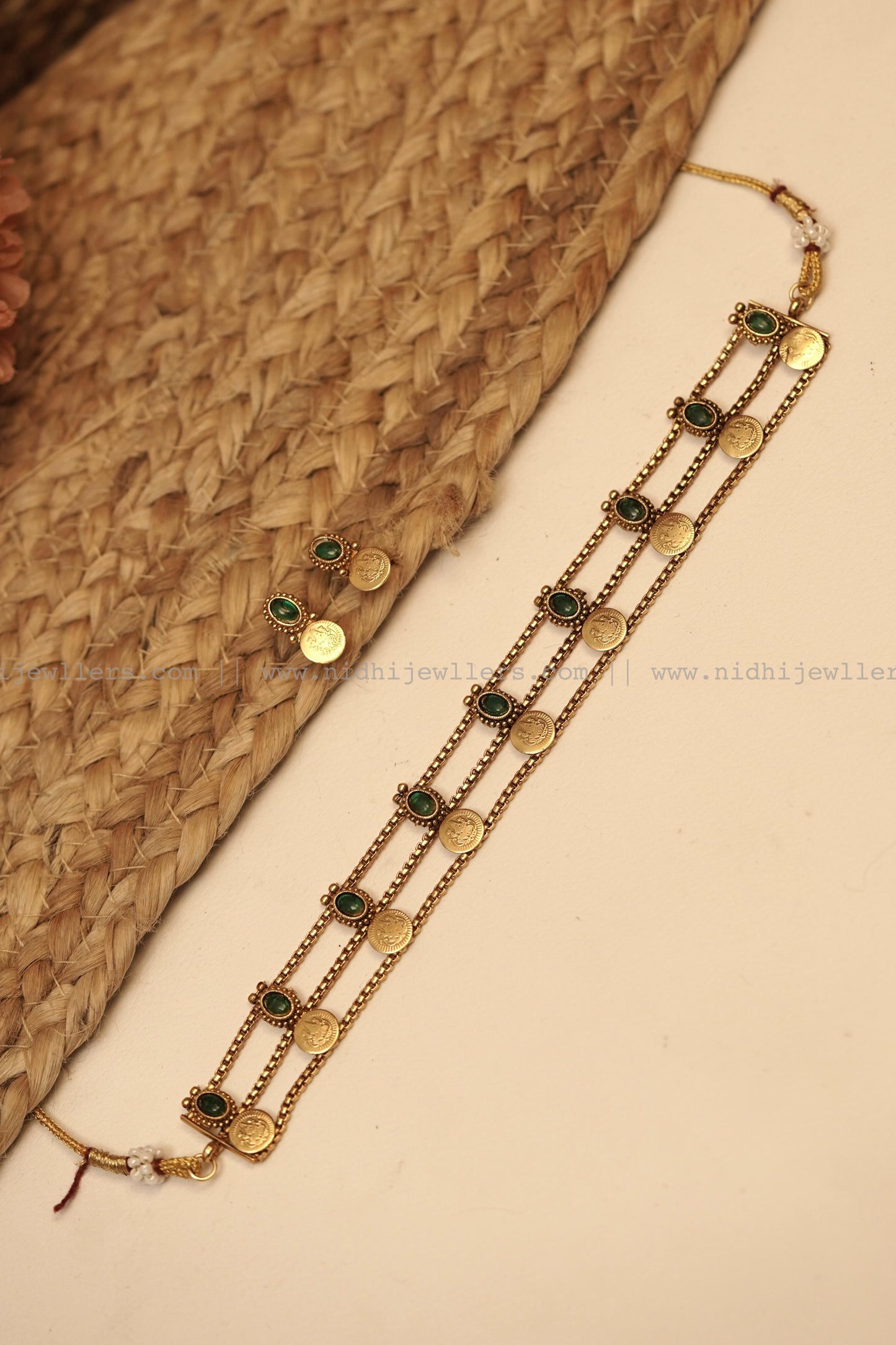 Antique Three-Row Linear Ruby Kasu Choker Set (with Earrings)-Tanvi- Ruby