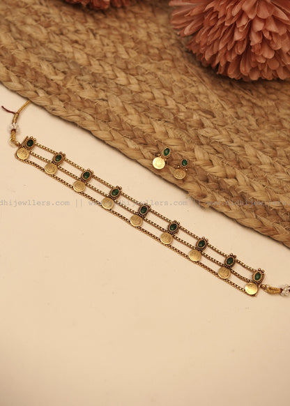 Antique Three-Row Linear Ruby Kasu Choker Set (with Earrings)-Tanvi- Green