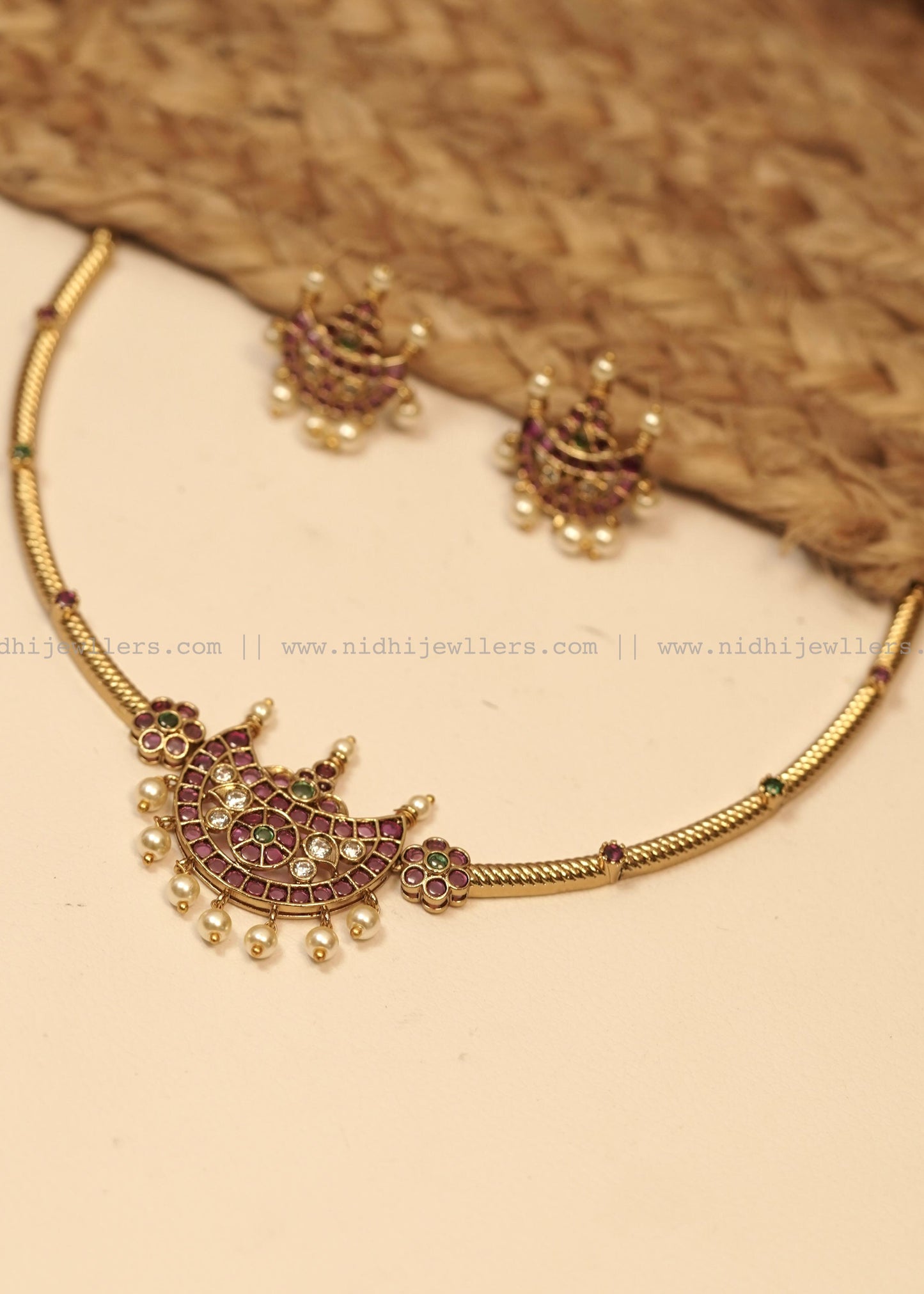 Antique Kemp Stone Crescent Moon necklace Set (with Earrings) -Chandrika