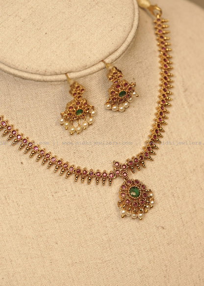 Antique Ruby Jasmine Bud Choker Set with Pearl-Fringed Pendant- Malati