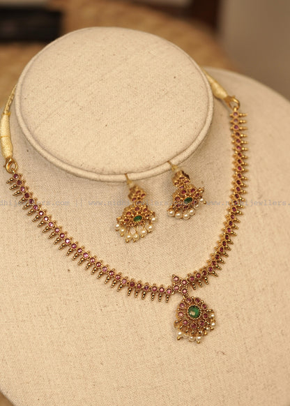 Antique Ruby Jasmine Bud Choker Set with Pearl-Fringed Pendant- Malati