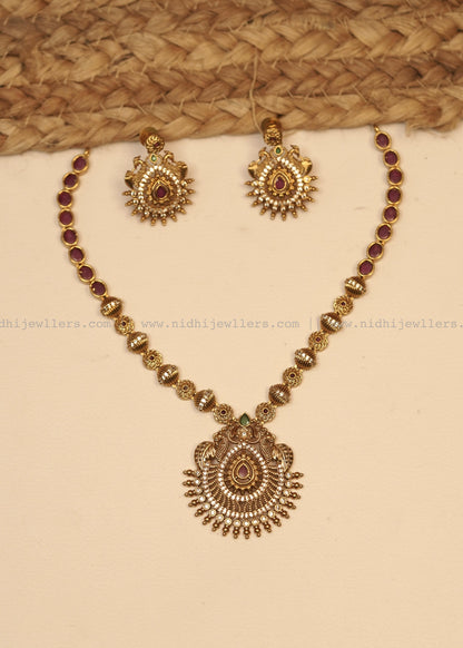 Premium Antique Teardrop Ruby Pendant Necklace Set (with Earrings) - Pallavi