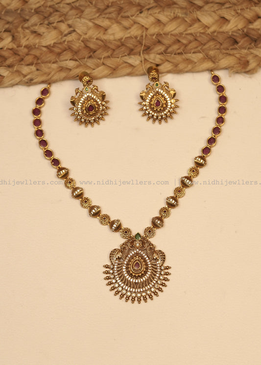 Premium Antique Teardrop Ruby Pendant Necklace Set (with Earrings) - Pallavi