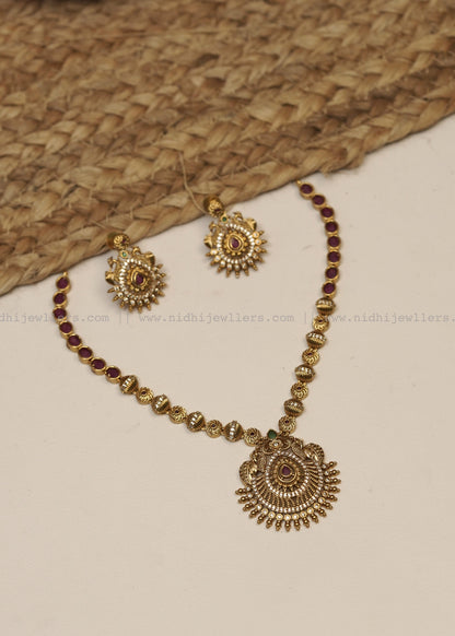 Premium Antique Teardrop Ruby Pendant Necklace Set (with Earrings) - Pallavi
