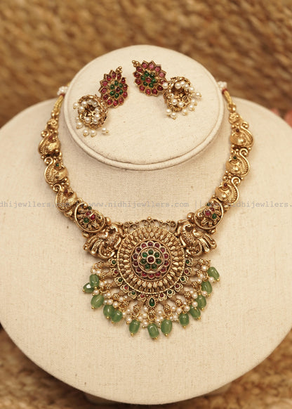 Antique Peacock Mandala Choker Set with Pearl & Green Bead Jhumkas - non idol - Mayura