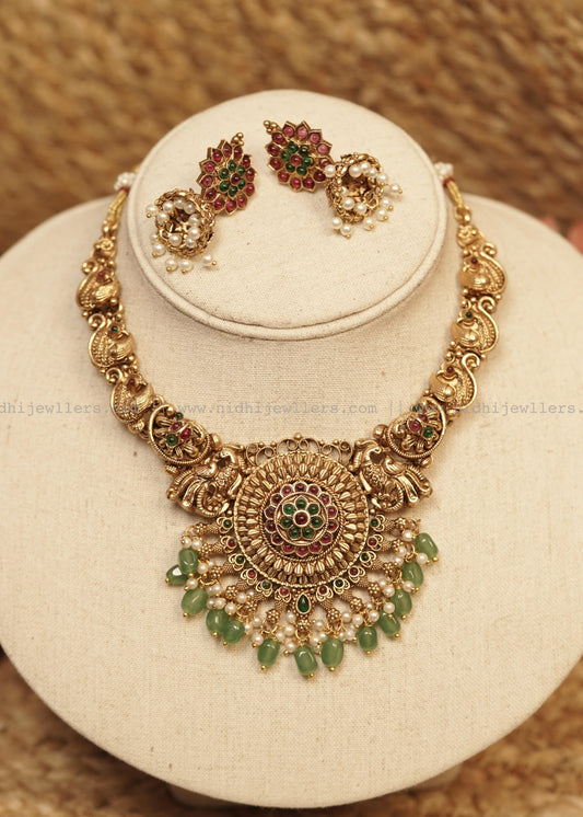Antique Peacock Mandala Choker Set with Pearl & Green Bead Jhumkas - non idol - Mayura