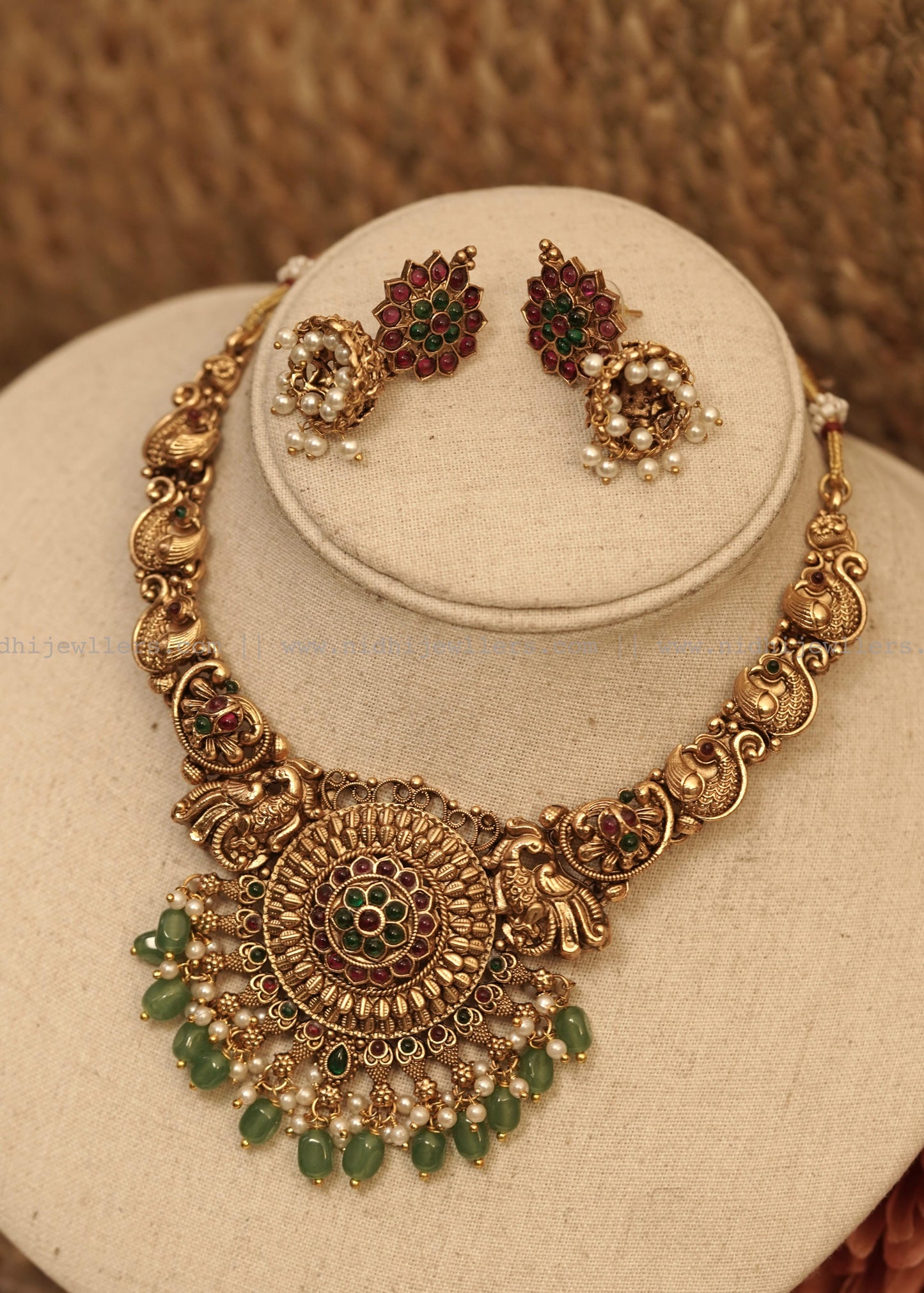 Antique Peacock Mandala Choker Set with Pearl & Green Bead Jhumkas - non idol - Mayura