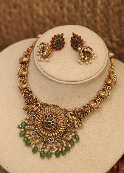 Antique Peacock Mandala Choker Set with Pearl & Green Bead Jhumkas - non idol - Mayura