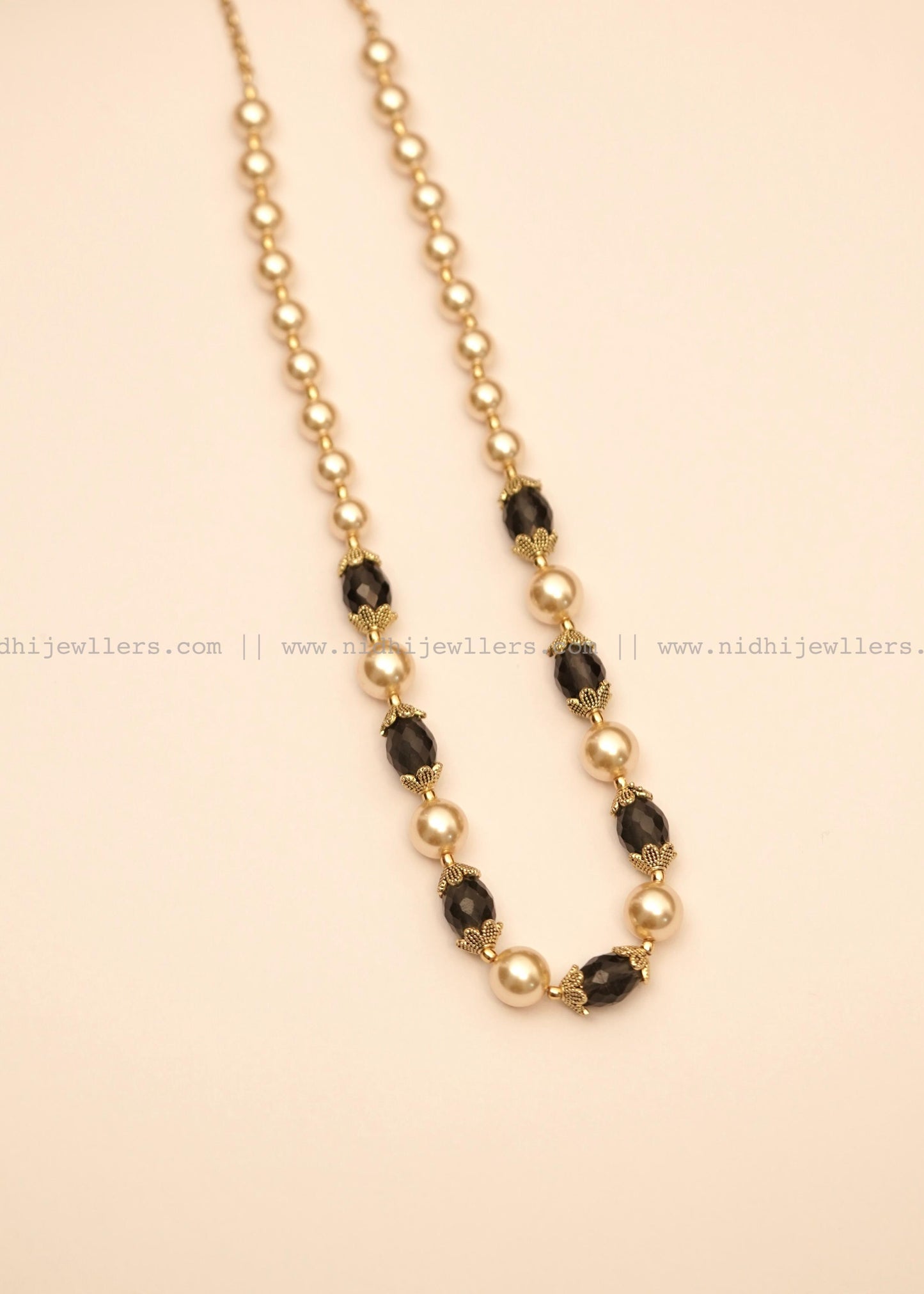 Antique Pearl and Gold Filigree Single-Strand Mala Necklace- Anaya