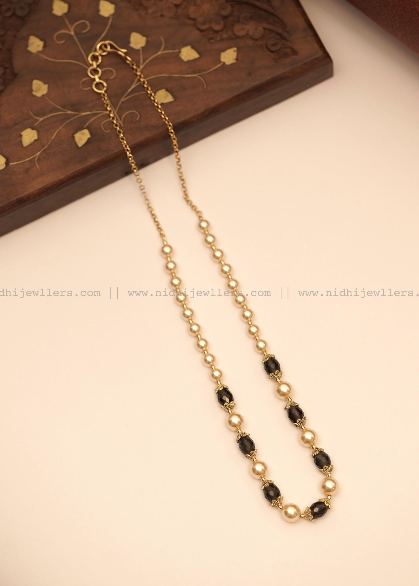 Antique Pearl and Gold Filigree Single-Strand Mala Necklace- Anaya