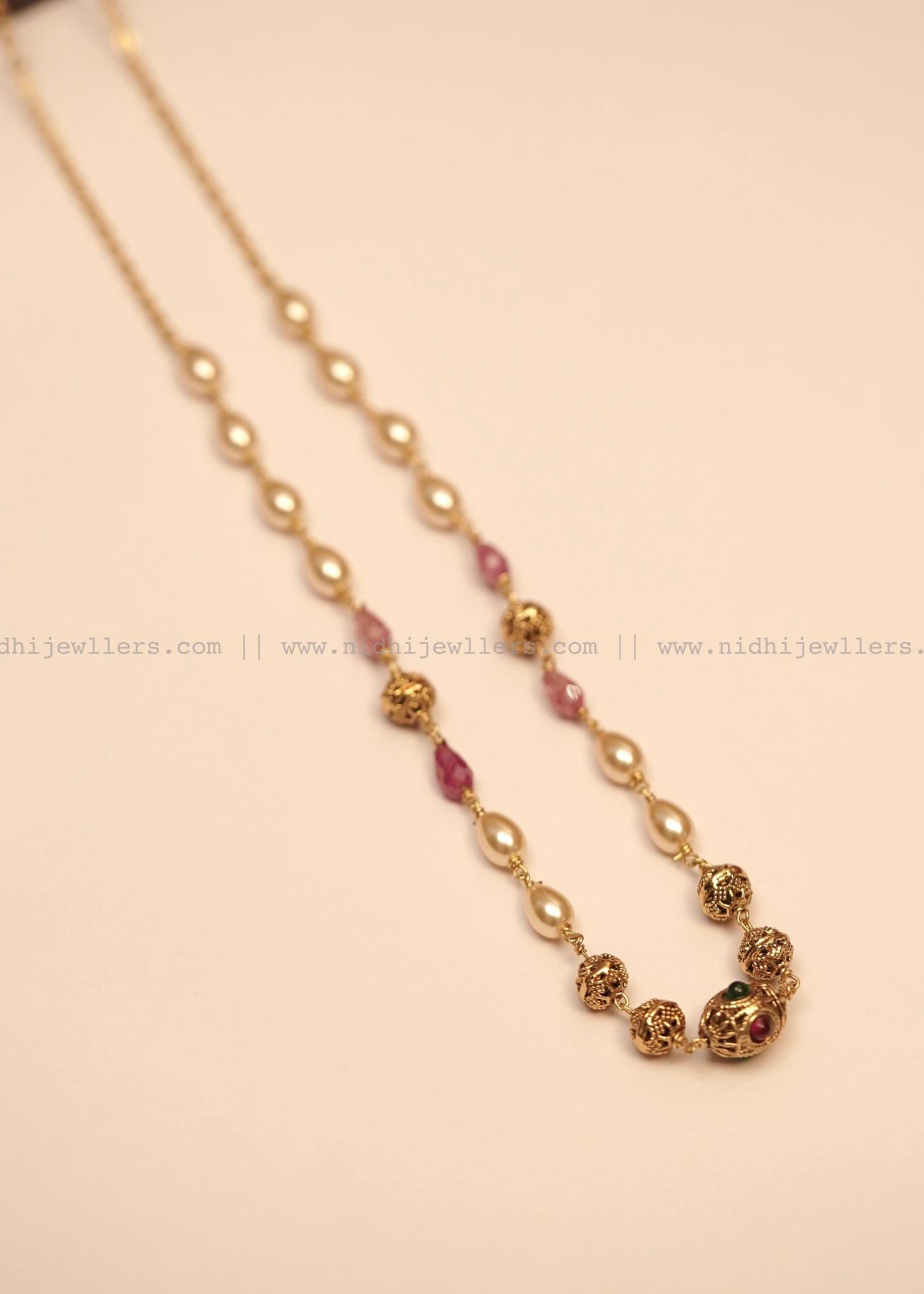 Antique Teardrop Rice Pearl and Filigree Single-Strand Mala Necklace- Avani