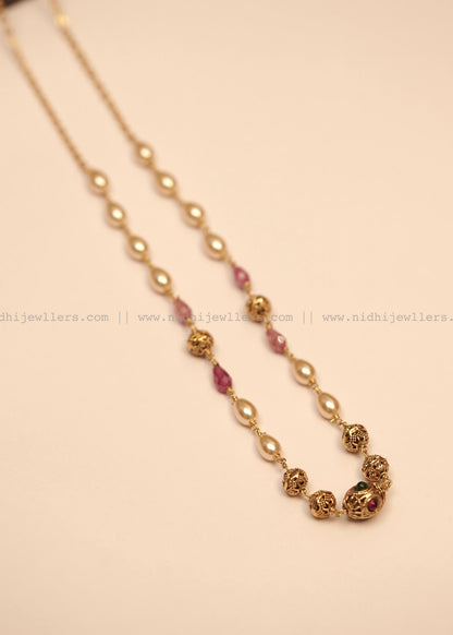 Antique Teardrop Rice Pearl and Filigree Single-Strand Mala Necklace- Avani