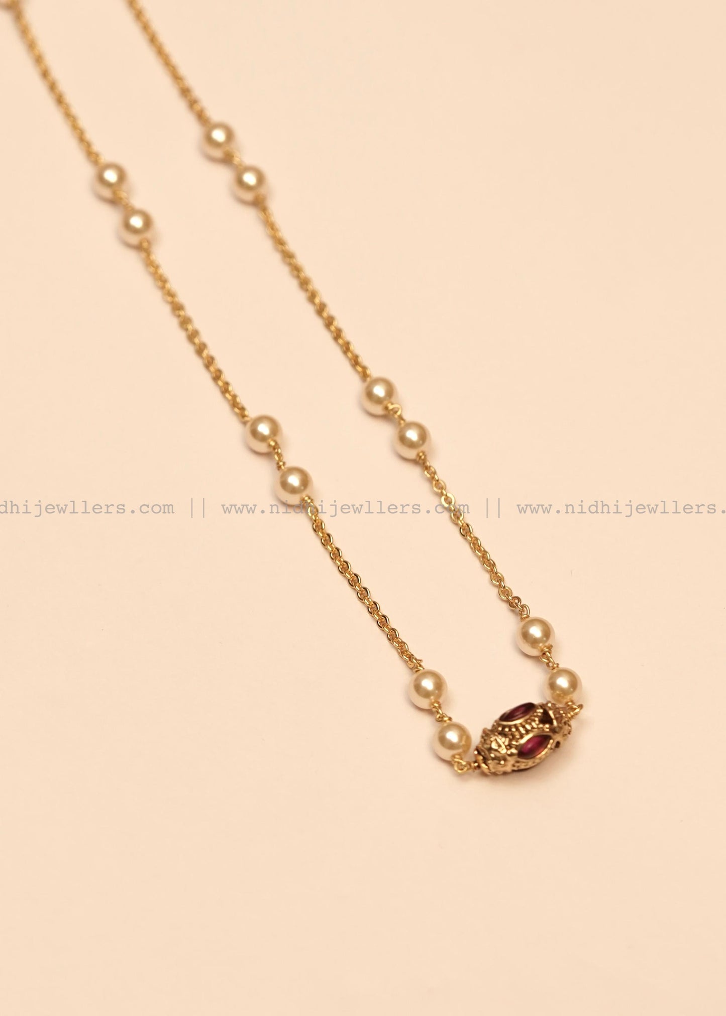 Antique Spaced Pearl and Filigree Single-Strand Chain Mala Necklace- Ira
