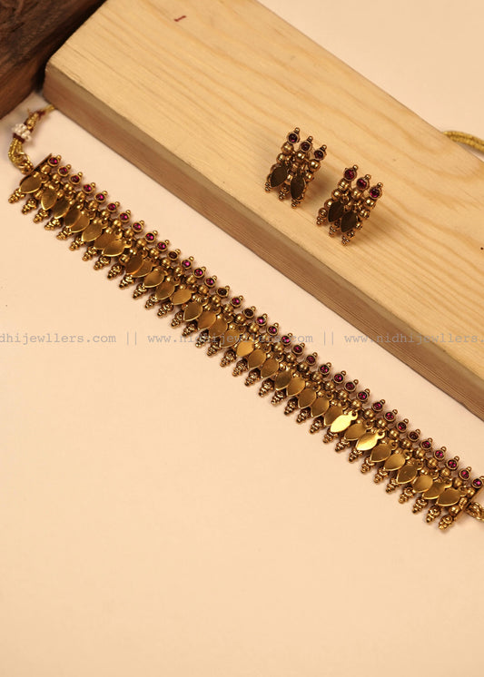 Antique Ruby Manga Motif Elakkathali Chocker with Matching Earrings-Parichatham