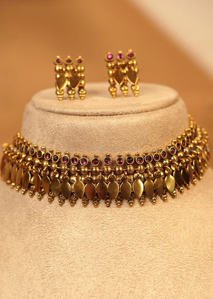 Antique Ruby Manga Motif Elakkathali Chocker with Matching Earrings-Amanya