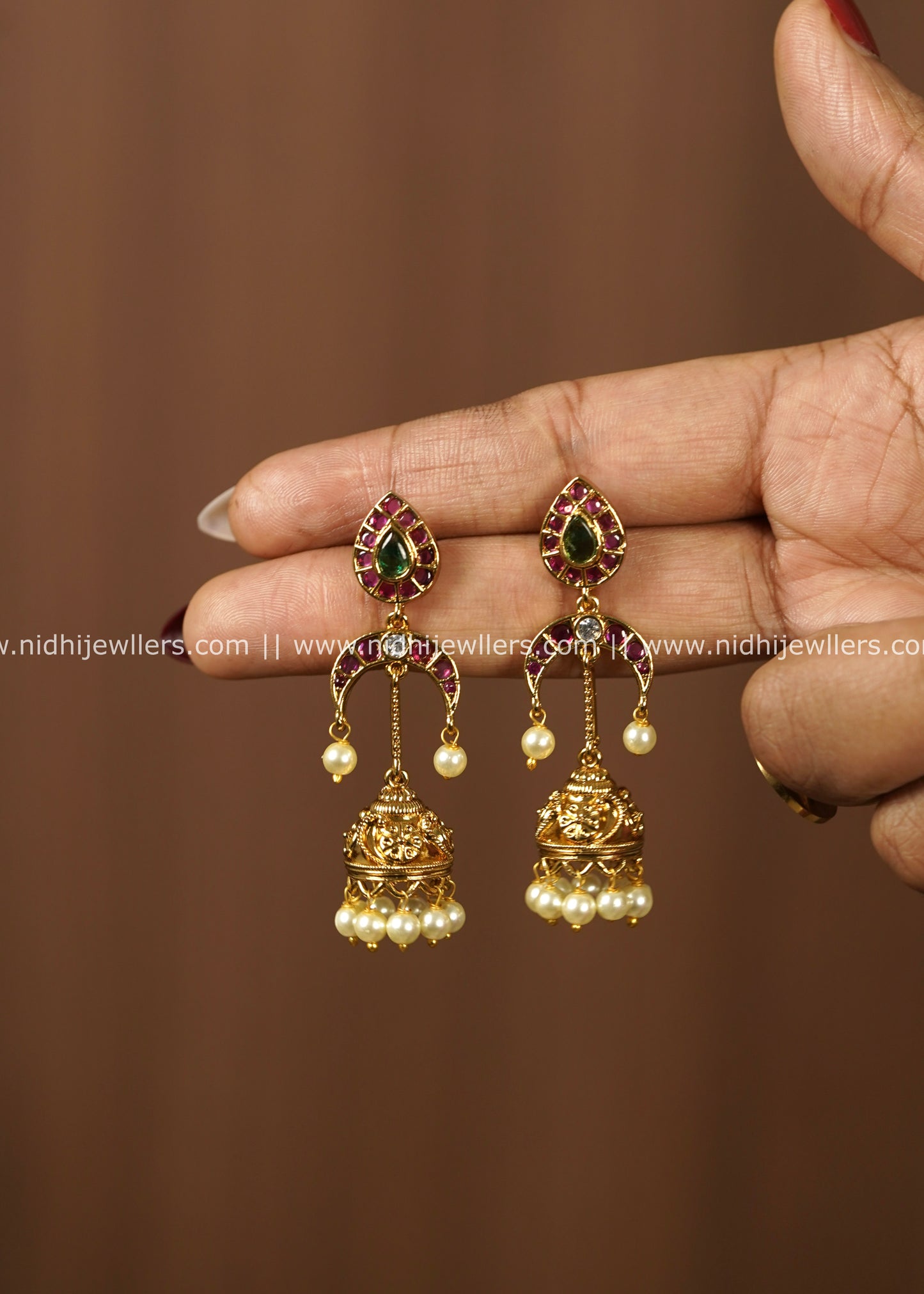 Teardrop Ruby Kemp & Crescent Hanging Jhumka Earrings with Pearl Drops – Taruni