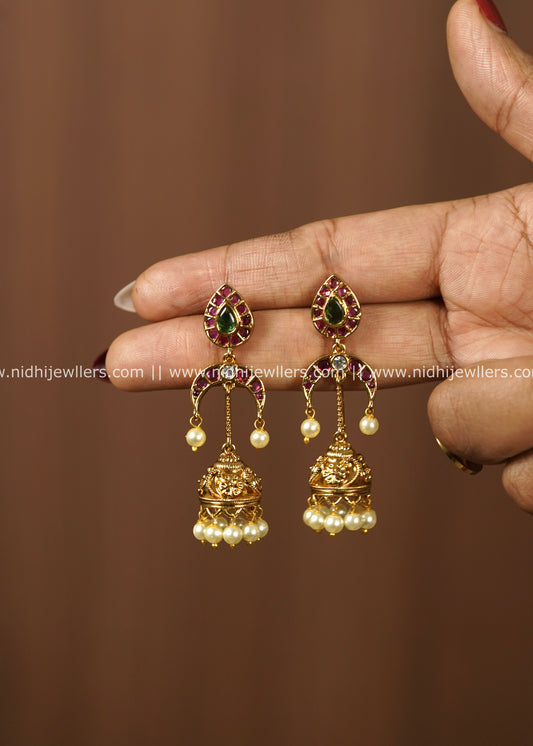 Teardrop Ruby Kemp & Crescent Hanging Jhumka Earrings with Pearl Drops – Taruni
