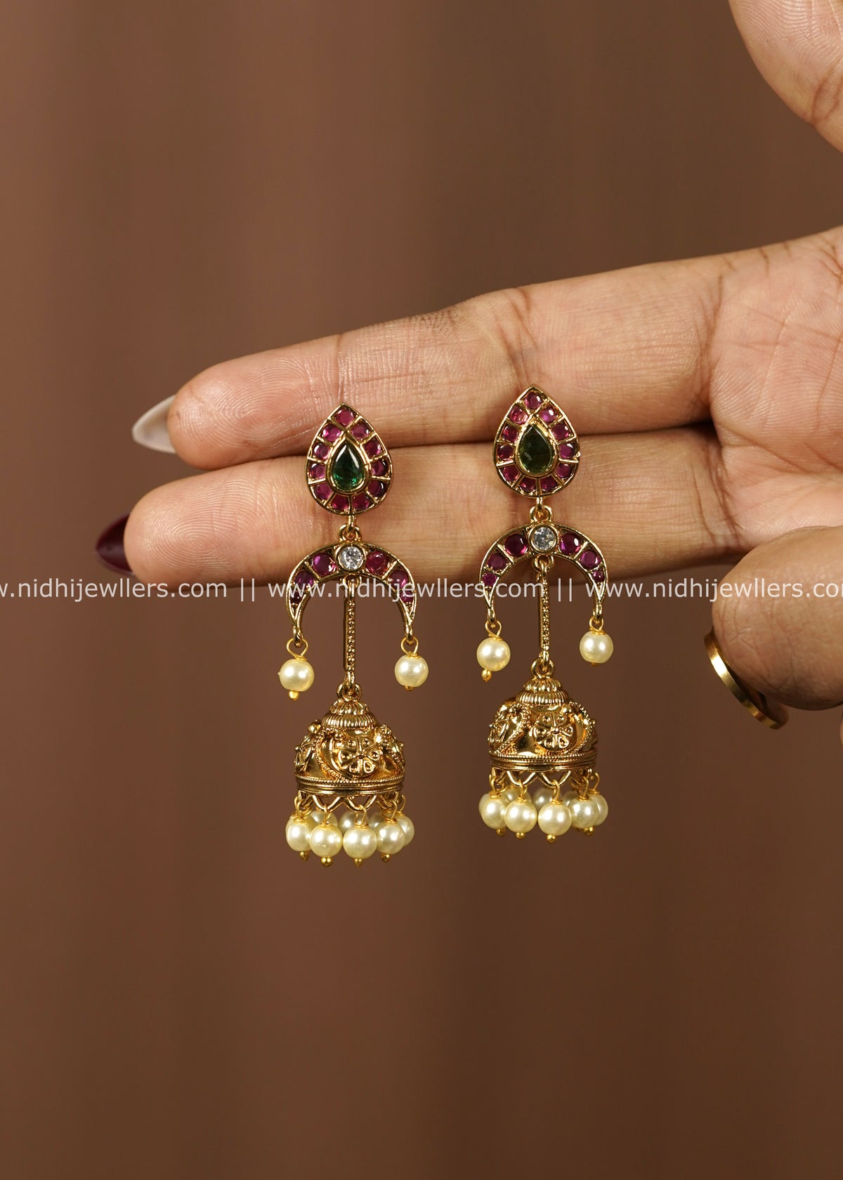 Teardrop Ruby Kemp & Crescent Hanging Jhumka Earrings with Pearl Drops – Taruni