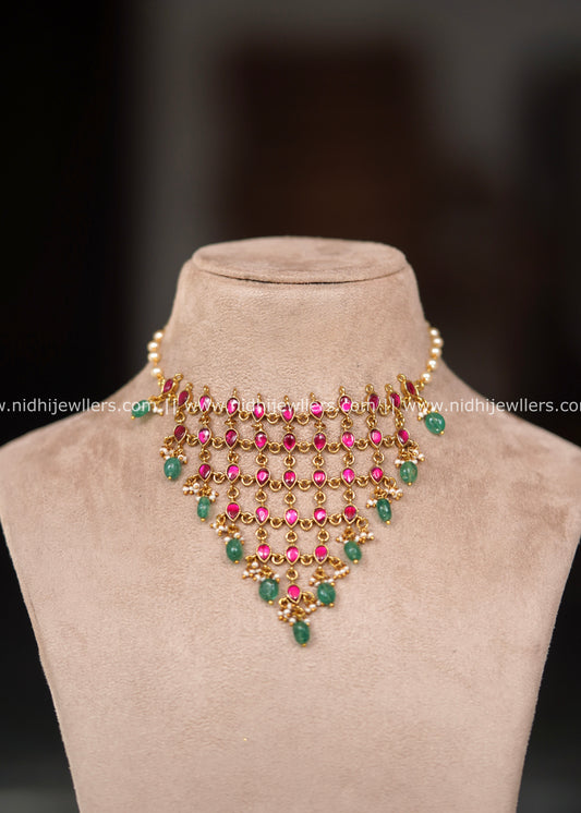Premium Jadau Ruby & Emerald Drop Mesh Choker Necklace – Triveni