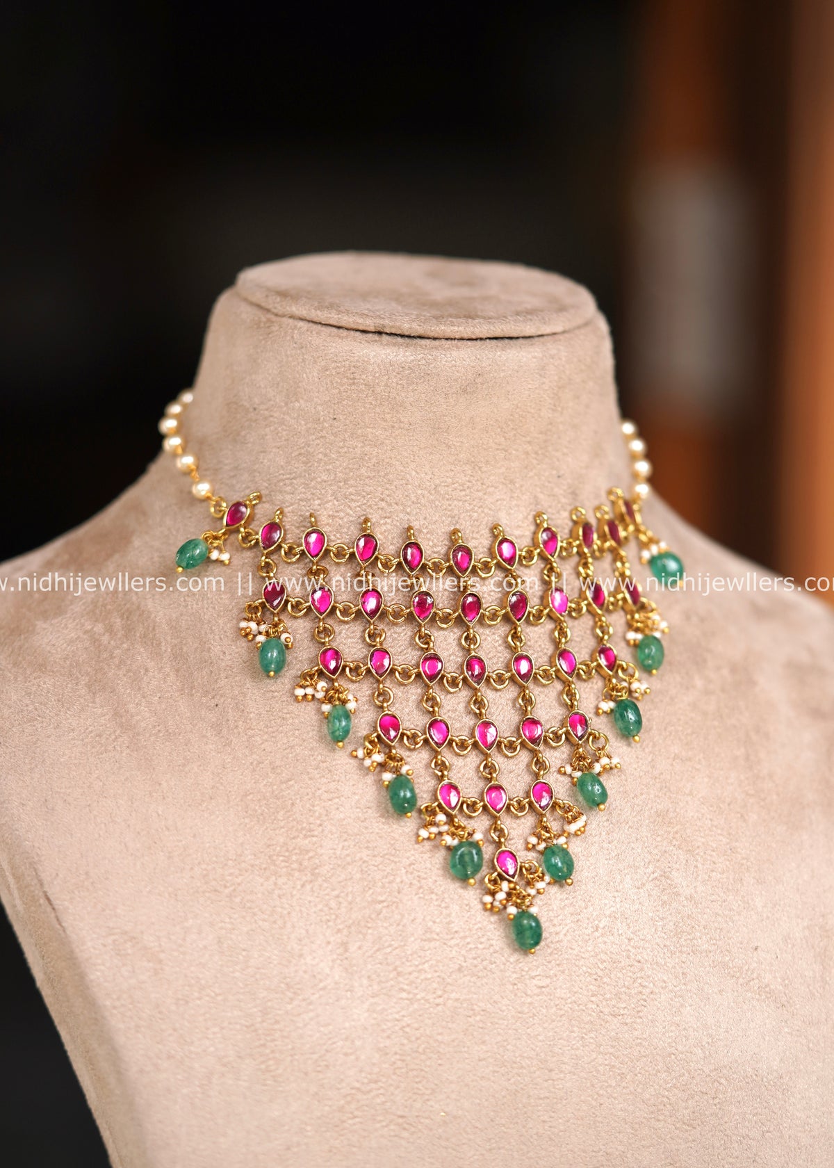 Premium Jadau Ruby & Emerald Drop Mesh Choker Necklace – Triveni