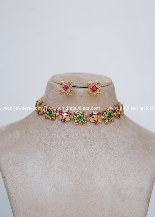 Floral Filigree Kemp Choker Necklace Set with Earrings – Saara