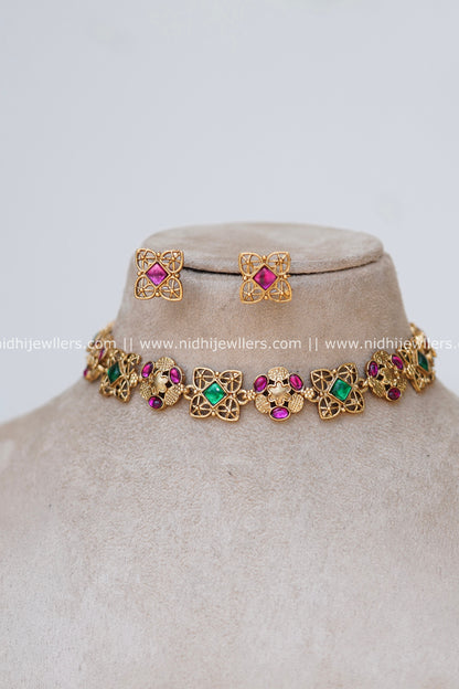Floral Filigree Kemp Choker Necklace Set with Earrings – Saara