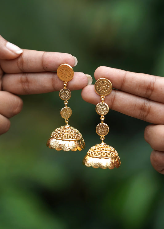 Gold Plated Tiered Coin Hanging Jhumka Earrings with Screw Back – Purna