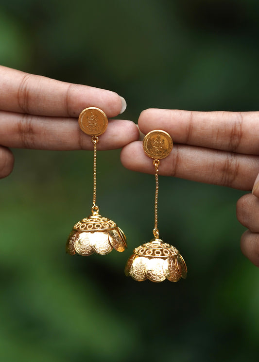 Gold Plated Long Chain Coin Hanging Overlapping Jhumka Earrings – Narmada