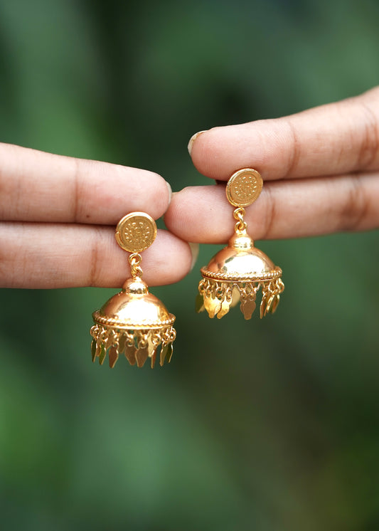 Gold Plated Coin Stud Smooth Elakkathali Jhumka Earrings with Leaf Drop Fringe – Tapti