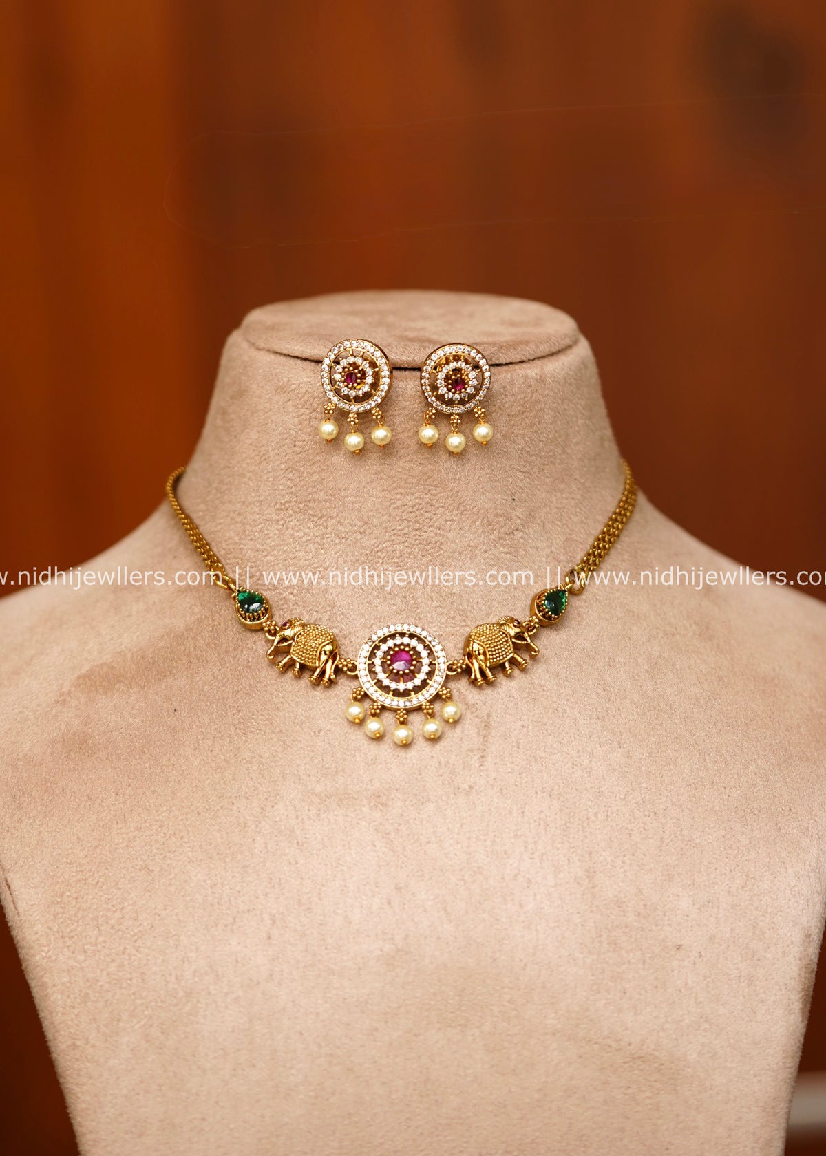 Premium Elephant Motif & Antique AD Medallion Choker Set with Earrings – Wardha