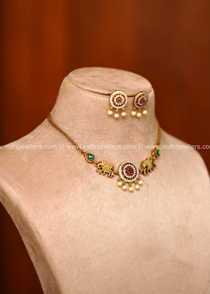 Premium Elephant Motif & Antique AD Medallion Choker Set with Earrings – Wardha