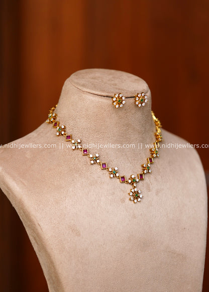 Delicate Floral AD & Square Ruby Kemp Necklace Set with Earrings – Bhima