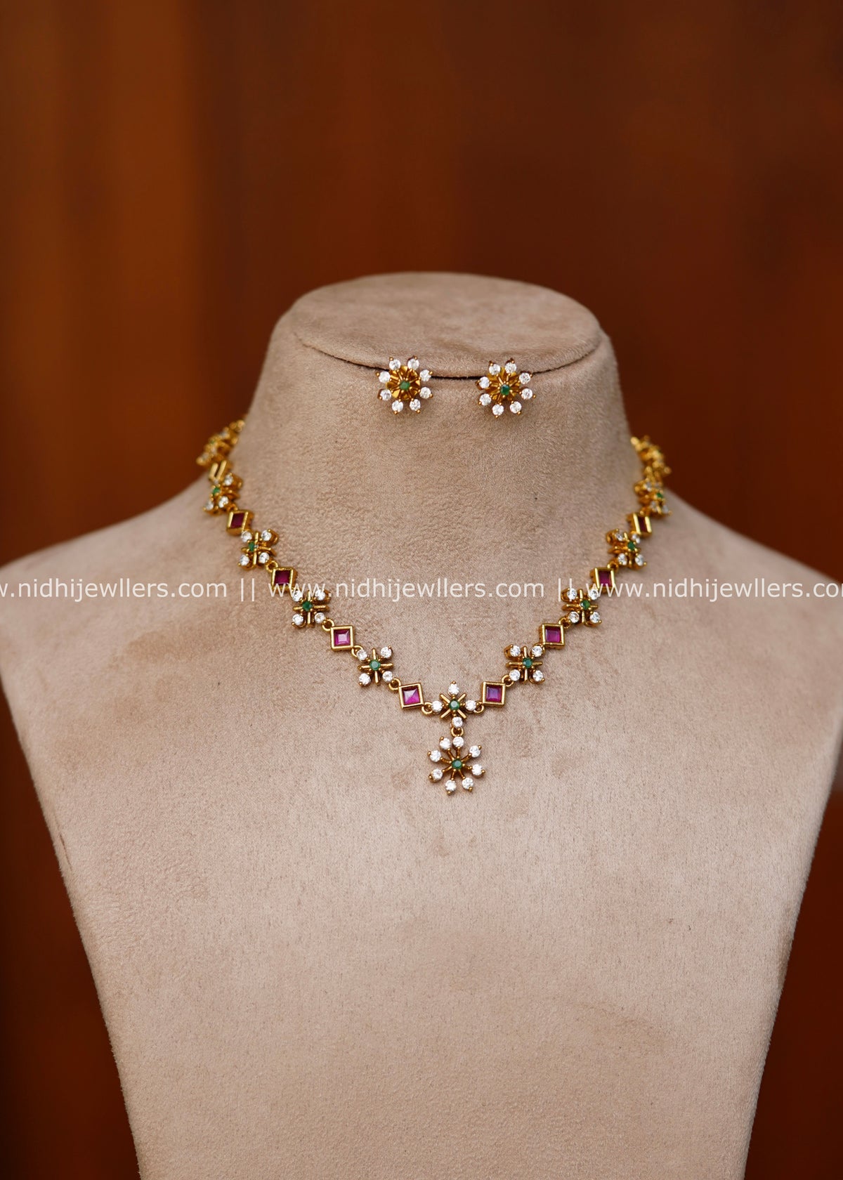 Delicate Floral AD & Square Ruby Kemp Necklace Set with Earrings – Bhima