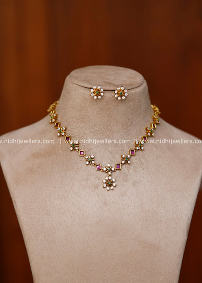 Delicate Floral AD & Square Ruby Kemp Necklace Set with Earrings – Bhima
