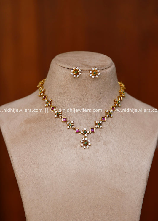 Delicate Floral AD & Square Ruby Kemp Necklace Set with Earrings – Bhima