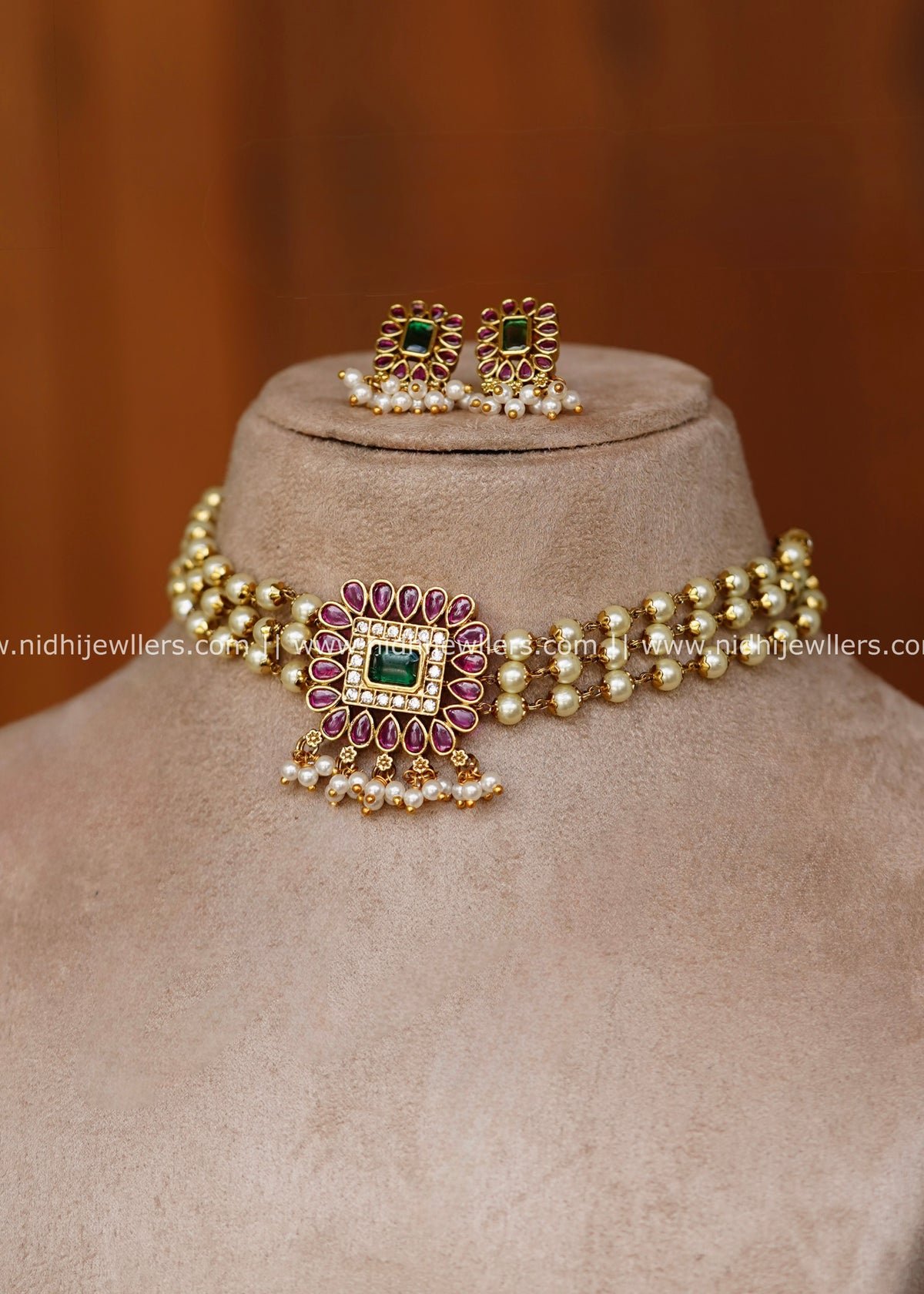 Premium Three-Strand Pearl & Square Kemp Medallion Choker Set – Manasa