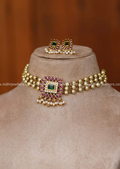 Premium Three-Strand Pearl & Square Kemp Medallion Choker Set – Manasa