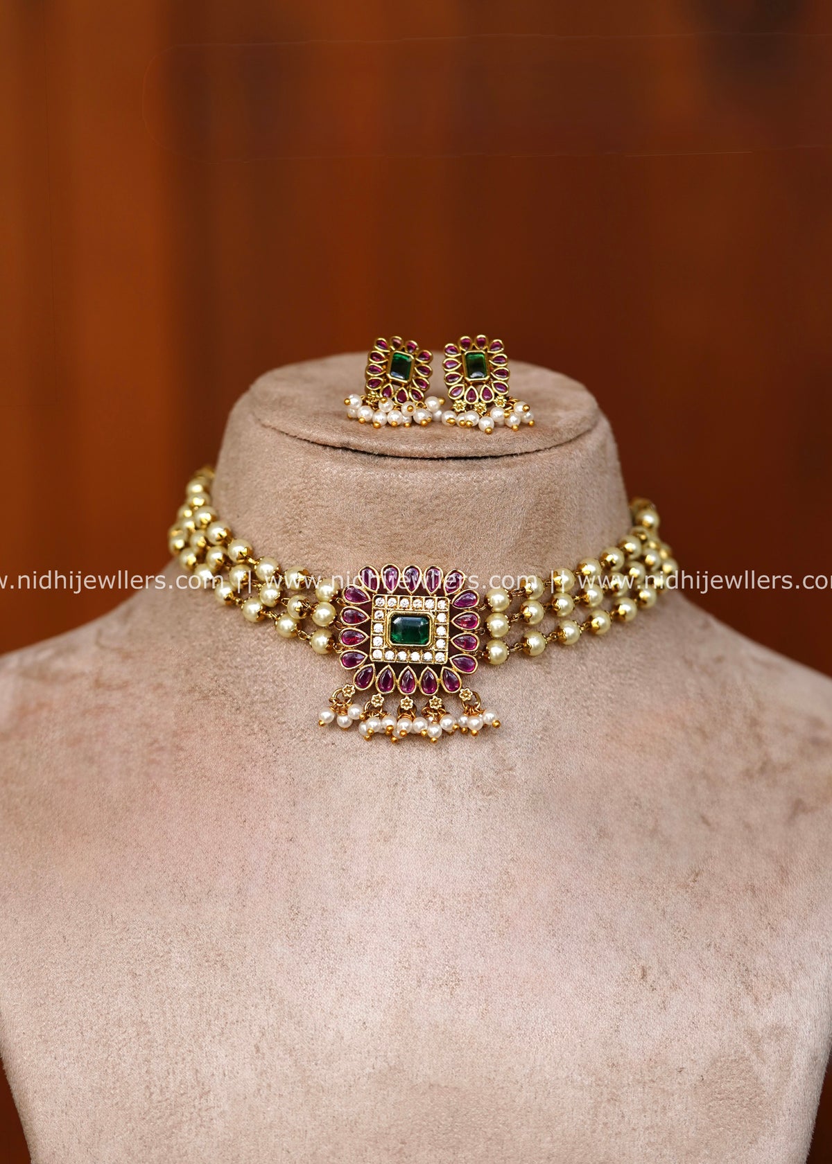 Premium Three-Strand Pearl & Square Kemp Medallion Choker Set – Manasa