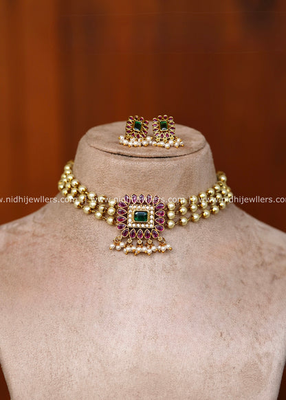 Premium Three-Strand Pearl & Square Kemp Medallion Choker Set – Manasa