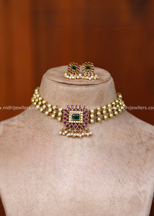 Premium Three-Strand Pearl & Square Kemp Medallion Choker Set – Manasa