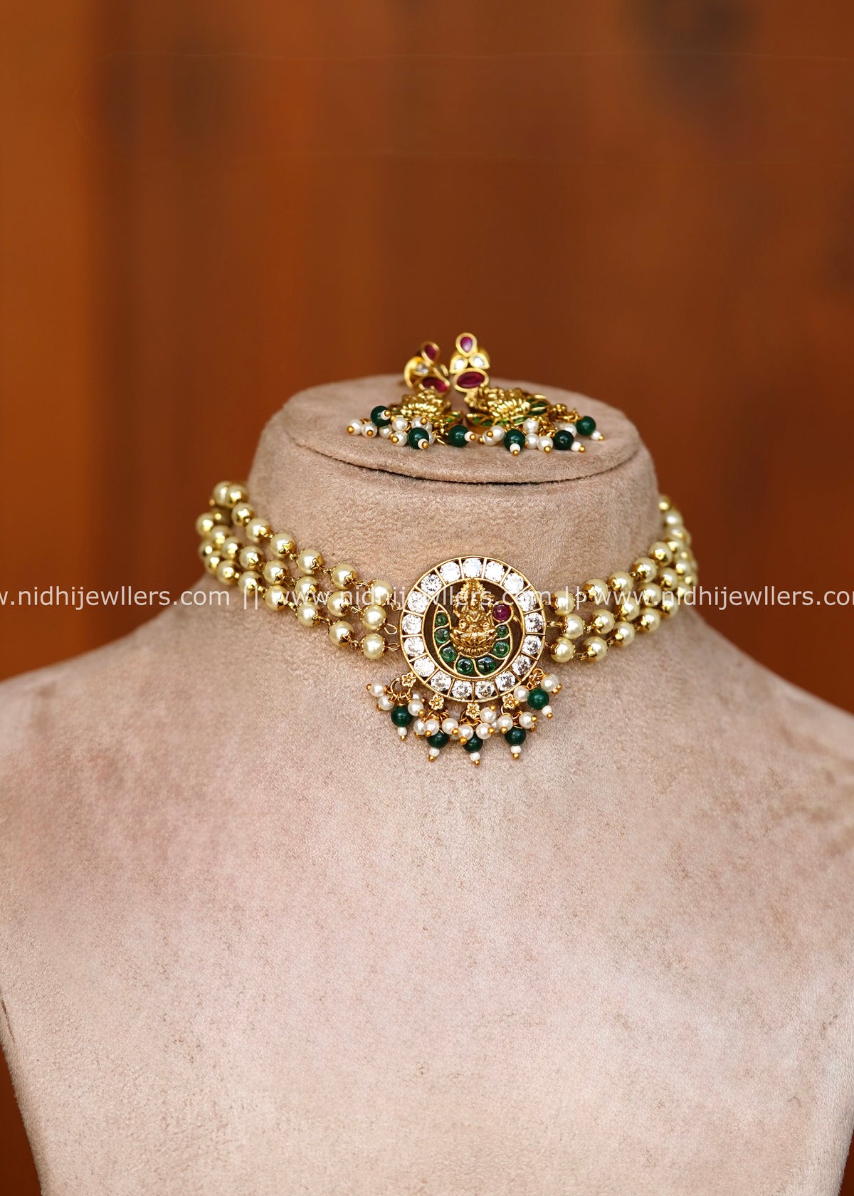 Premium Three-Strand Pearl & Goddess Lakshmi Circular AD/Kundan Choker Set – Radhya