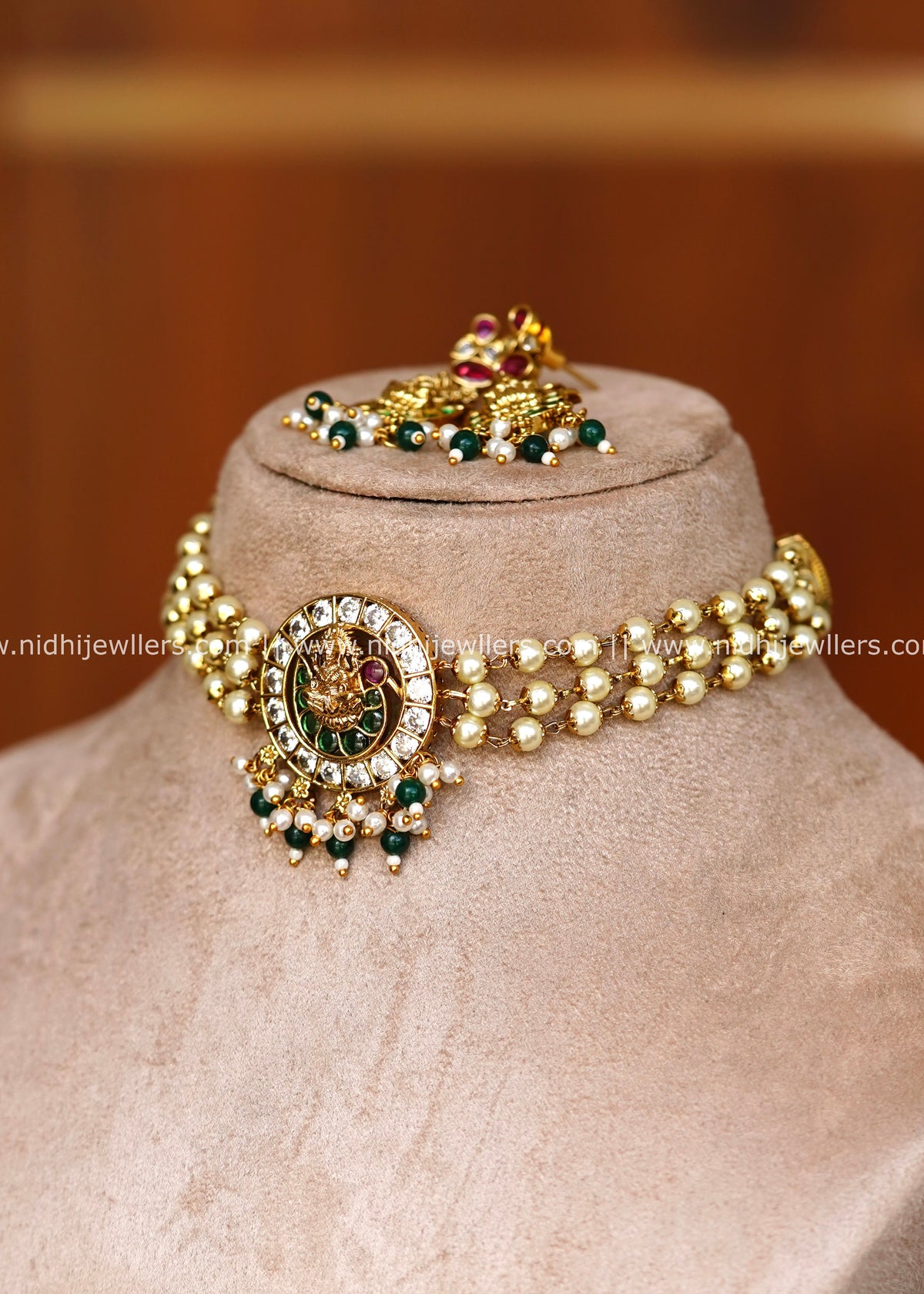 Premium Three-Strand Pearl & Goddess Lakshmi Circular AD/Kundan Choker Set – Radhya