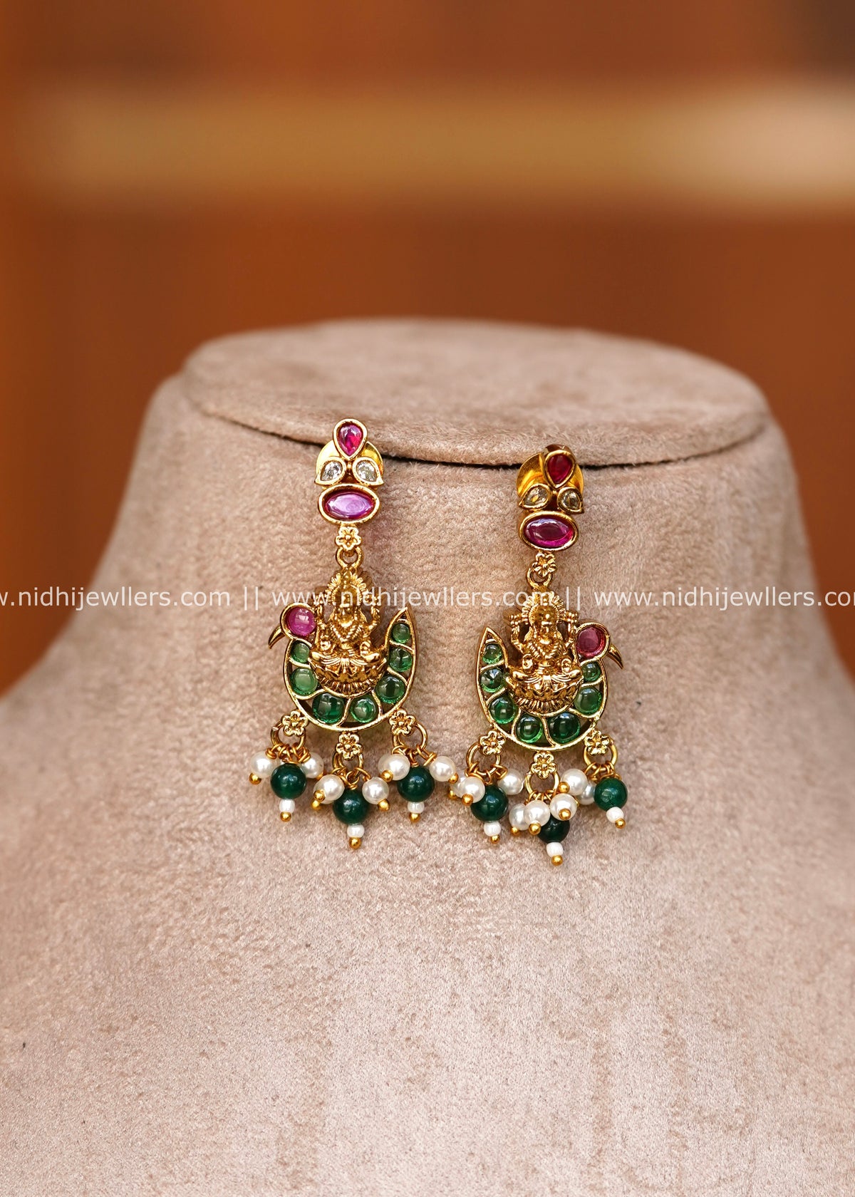 Premium Three-Strand Pearl & Goddess Lakshmi Circular AD/Kundan Choker Set – Radhya