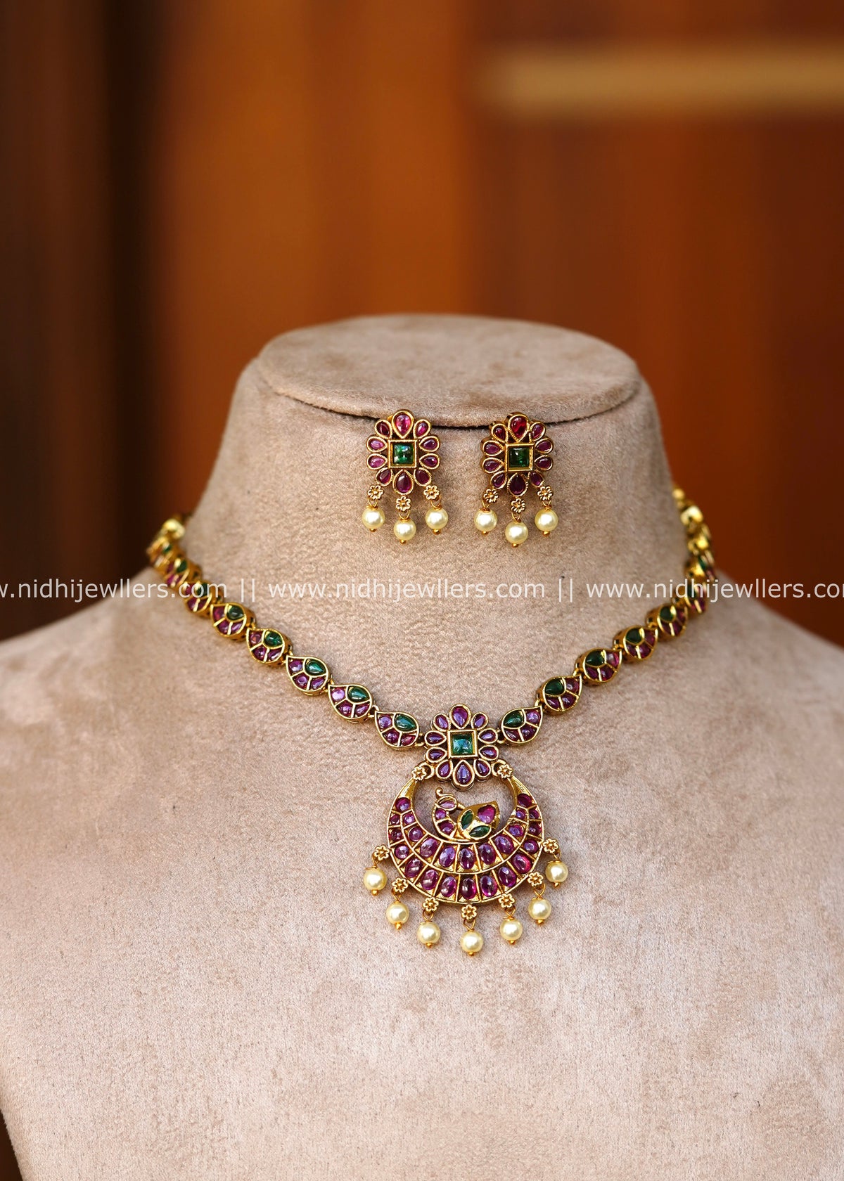 Grand Antique Peacock Crescent Kemp & Jadau Kundan Necklace Set – Tanaya