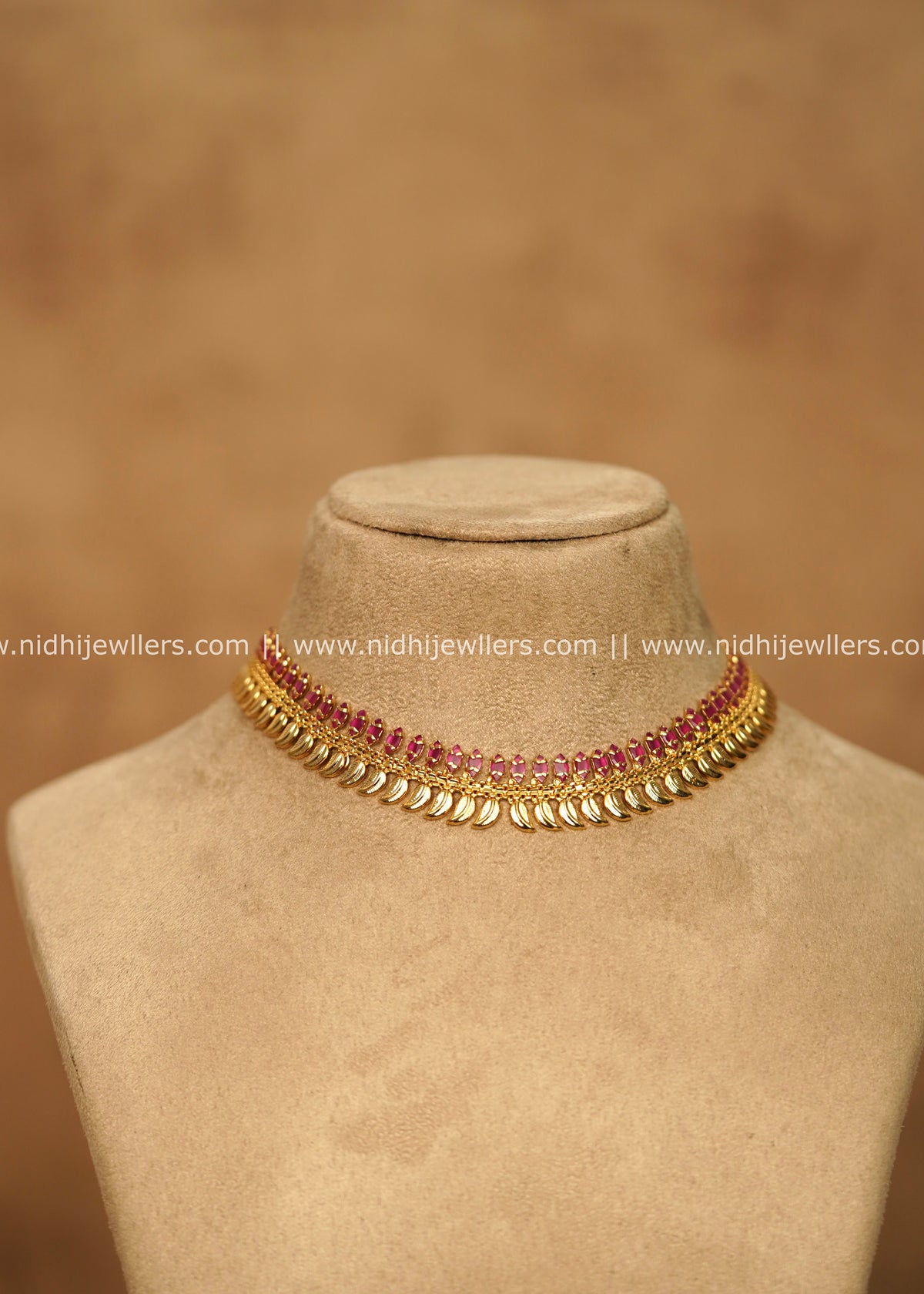 Real Gold Plated Ruby Kemp & Mango Leaf Motif Choker – Aaradhya