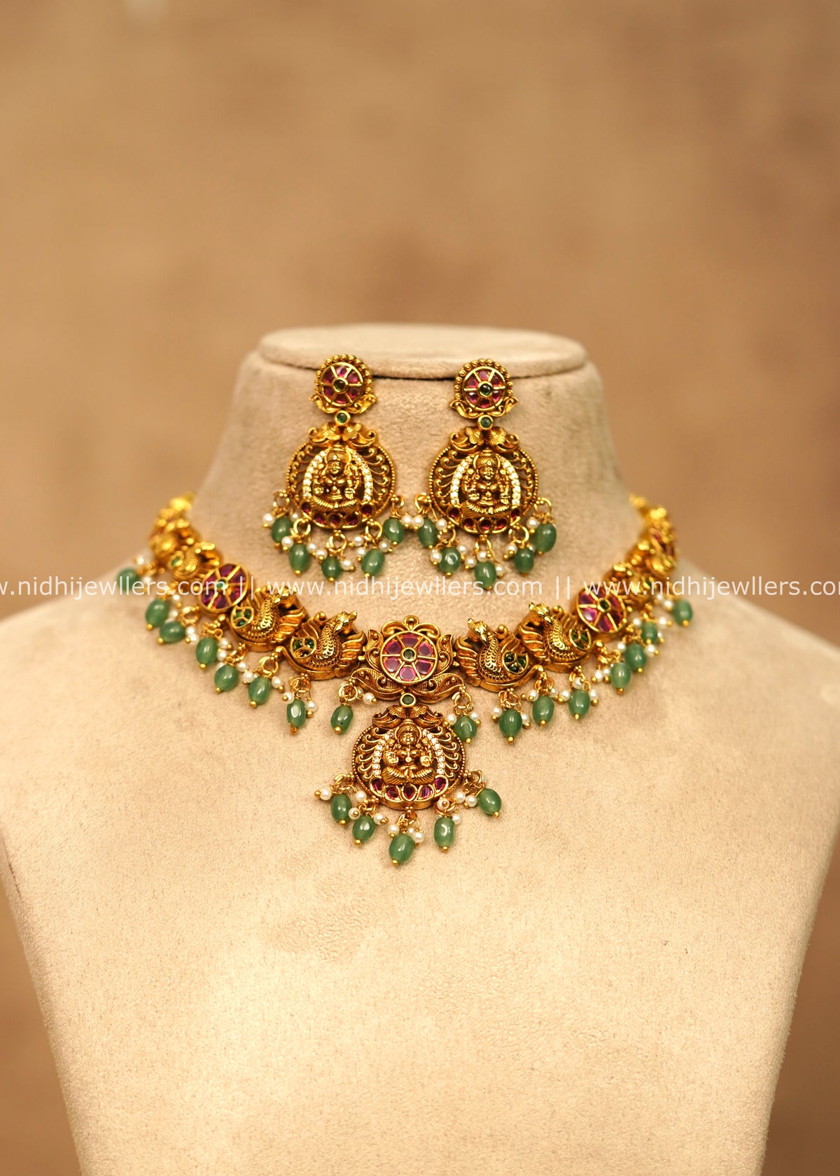 Grand Antique Temple Lakshmi & Peacock Choker Set with Emerald Beads – Namitha