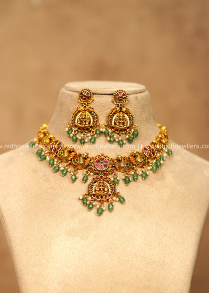 Grand Antique Temple Lakshmi & Peacock Choker Set with Emerald Beads – Namitha